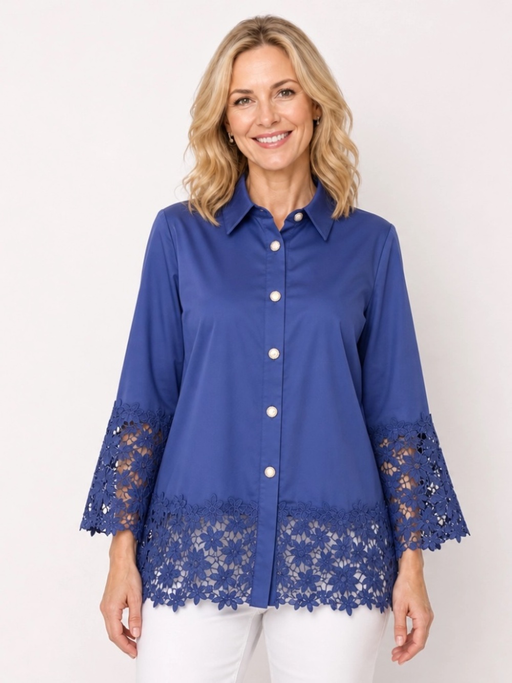 Colleen Lopez Blue Lace Trim Button Front Blouse L NWOT